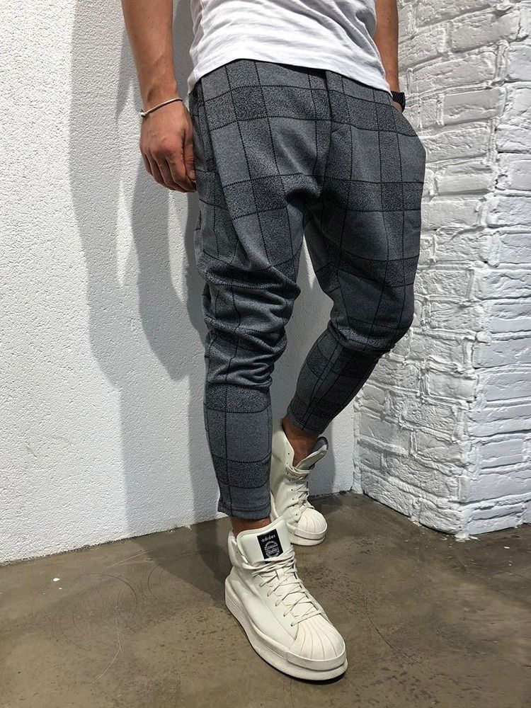 Pocket Plaid Lace-up Mid Waist Men's Casual Byxor