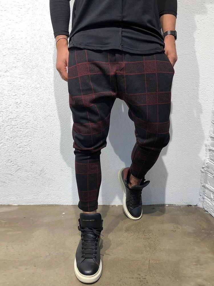 Pocket Plaid Lace-up Mid Waist Men's Casual Byxor