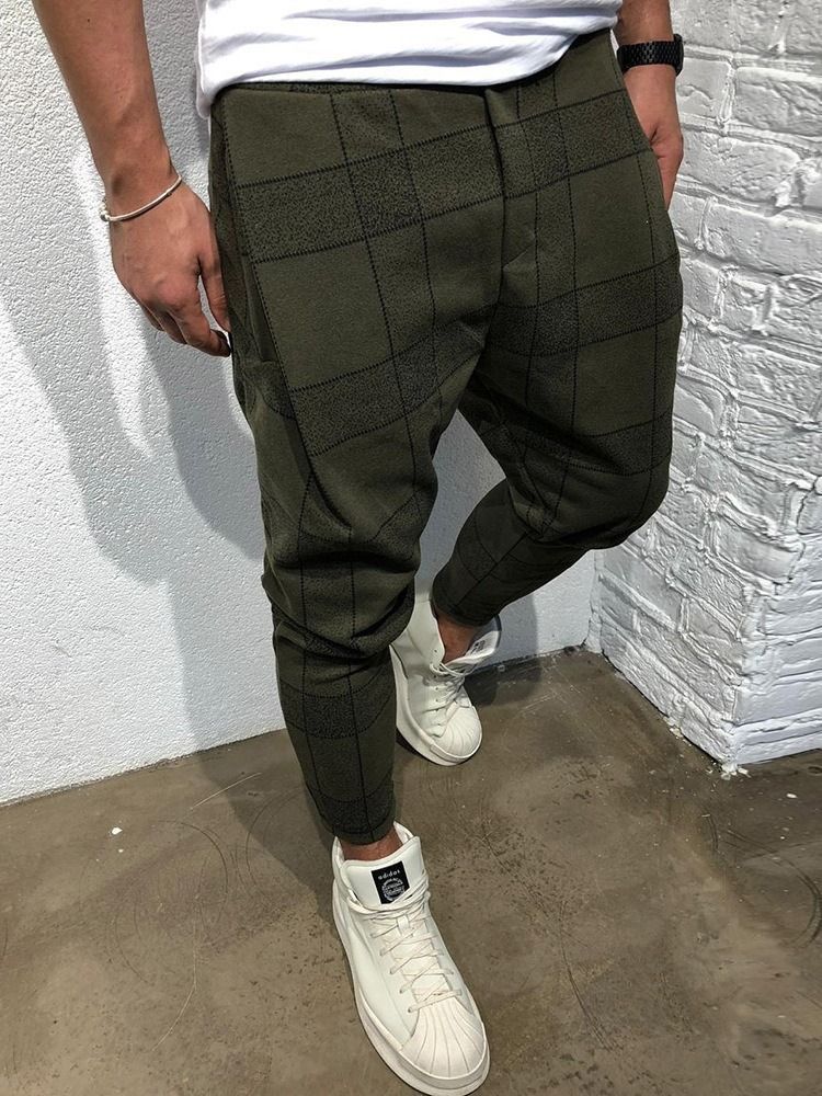 Pocket Plaid Lace-up Mid Waist Men's Casual Byxor