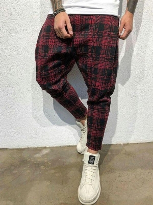 Pocket Plaid Mid Waist Mens Byxor