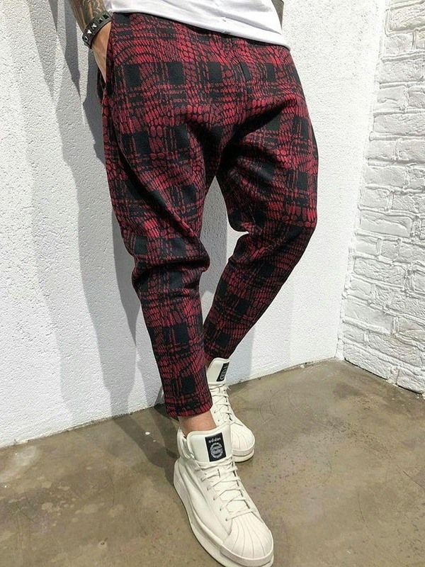 Pocket Plaid Mid Waist Mens Byxor