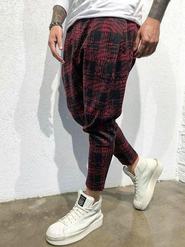 Pocket Plaid Mid Waist Mens Byxor