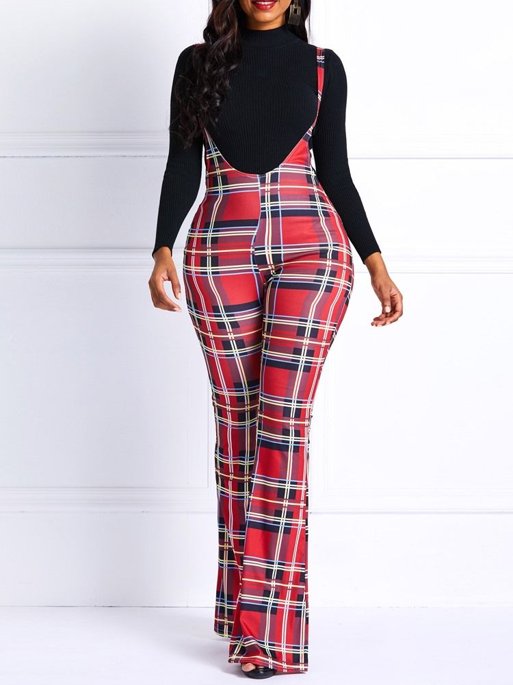 Skinny Plaid High-waist Full Length Women's Overall