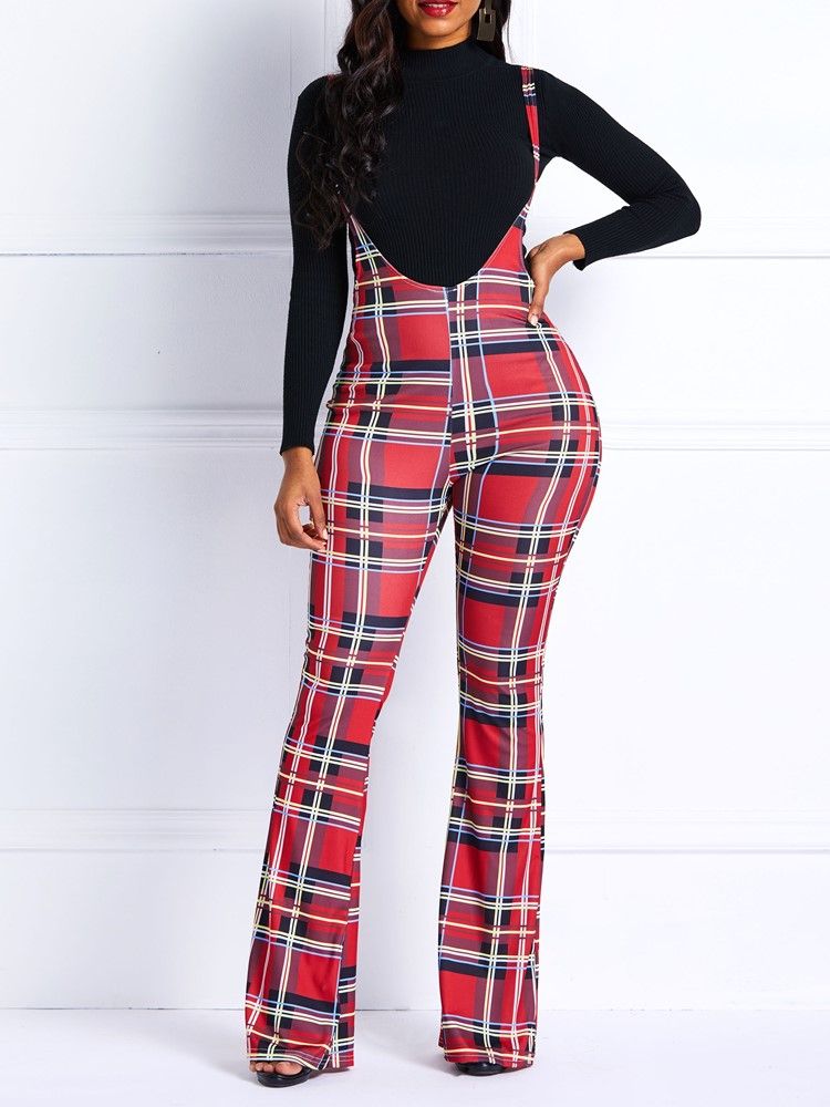 Skinny Plaid High-waist Full Length Women's Overall