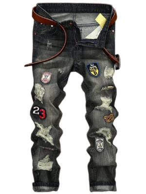 Straight Denim Holes Medal Patched Unique Men's Pants