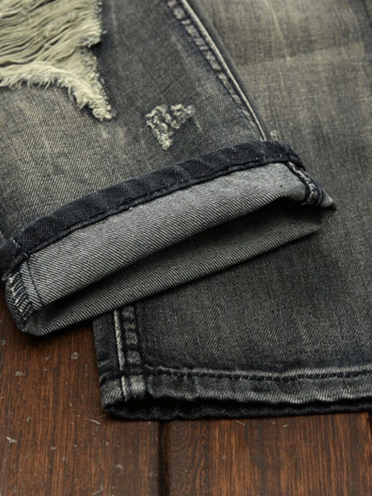 Straight Denim Holes Medal Patched Unique Men's Pants