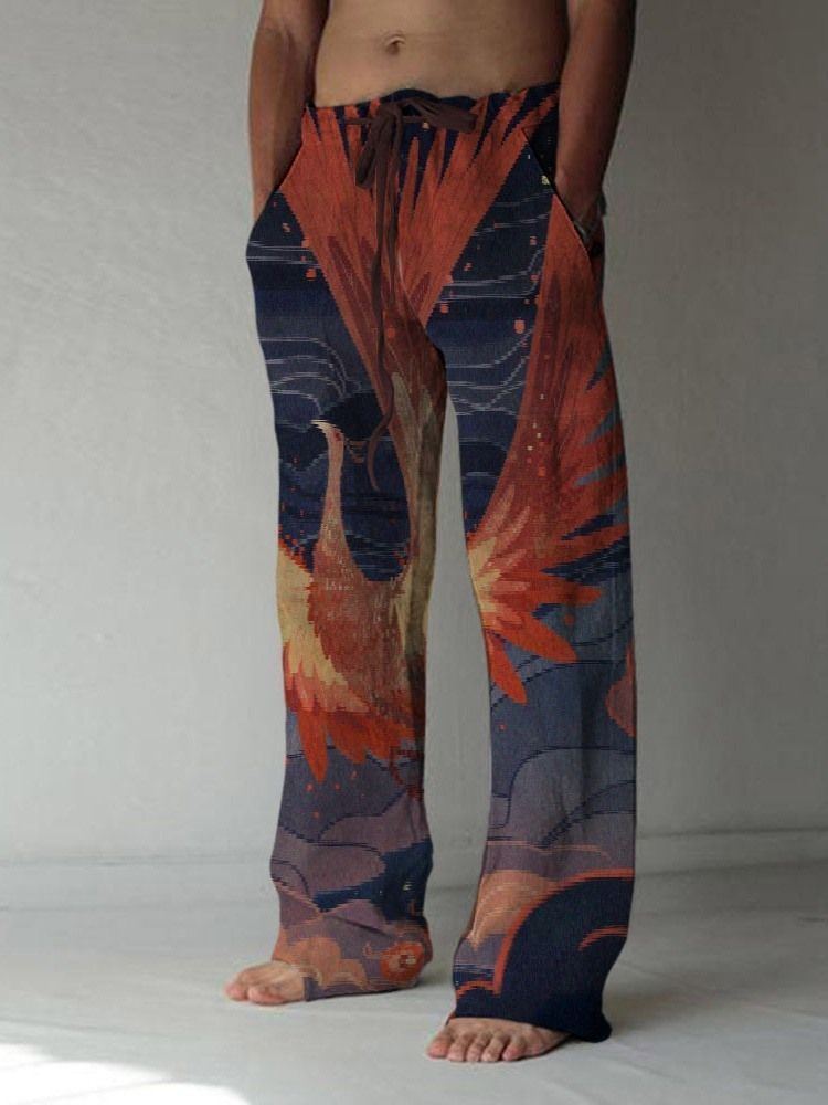 Straight Phoenix Print Lace-up European Men's Casual Pants