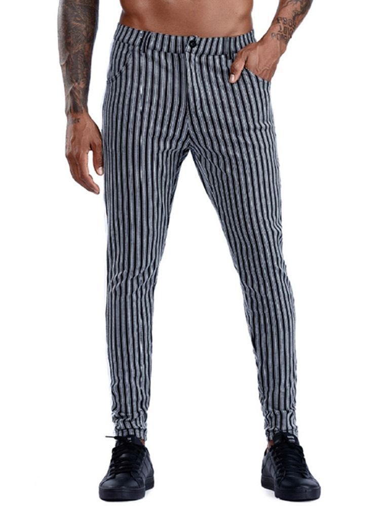 Stripe Pocket Pencil Pants Zipper Mid Waist Men's Casual Pants