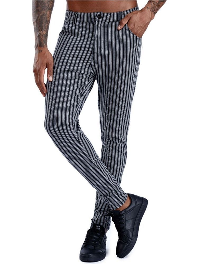 Stripe Pocket Pencil Pants Zipper Mid Waist Men's Casual Pants