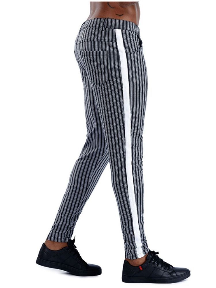 Stripe Pocket Pencil Pants Zipper Mid Waist Men's Casual Pants