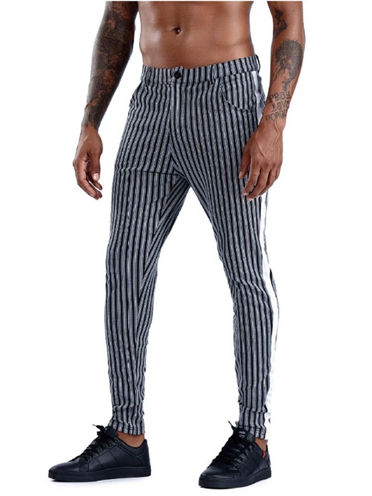 Stripe Pocket Pencil Pants Zipper Mid Waist Men's Casual Pants