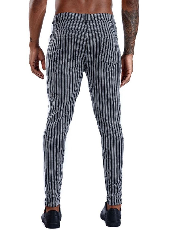 Stripe Pocket Pencil Pants Zipper Mid Waist Men's Casual Pants