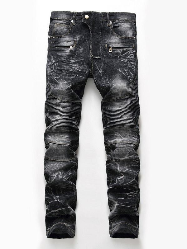 Zip Worn Denim Casual Slim Herrbyxor