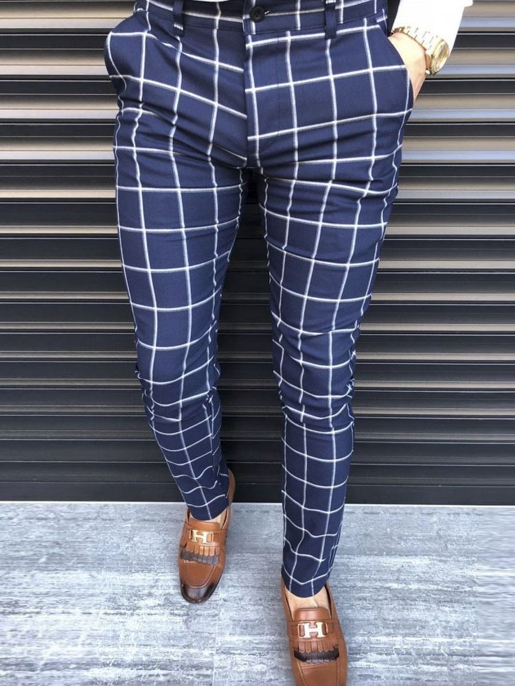 Zipper Plaid Pencil Pants Ol Casual Byxor För Män