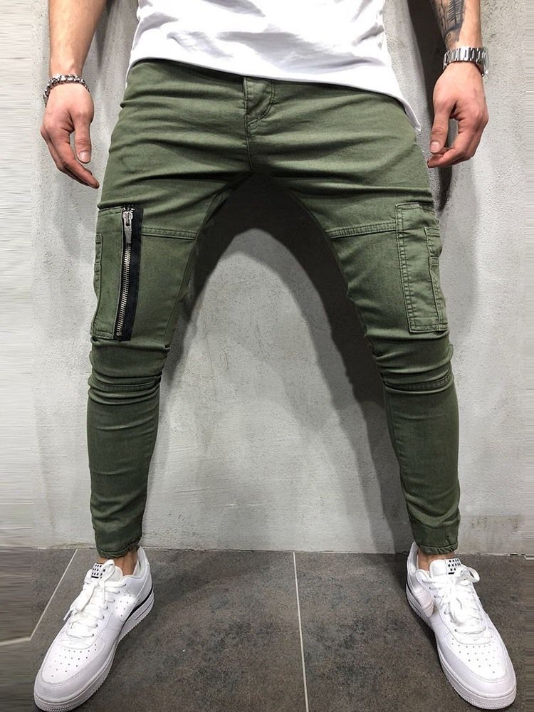 Zipper Plain Mid Waist European Men's Casual Pants