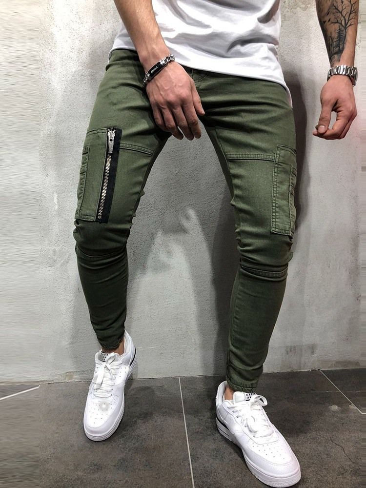 Zipper Plain Mid Waist European Men's Casual Pants