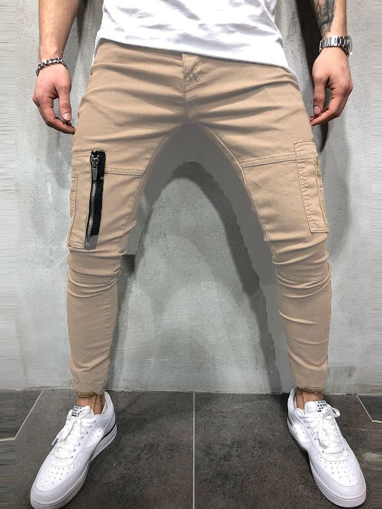 Zipper Plain Mid Waist European Men's Casual Pants