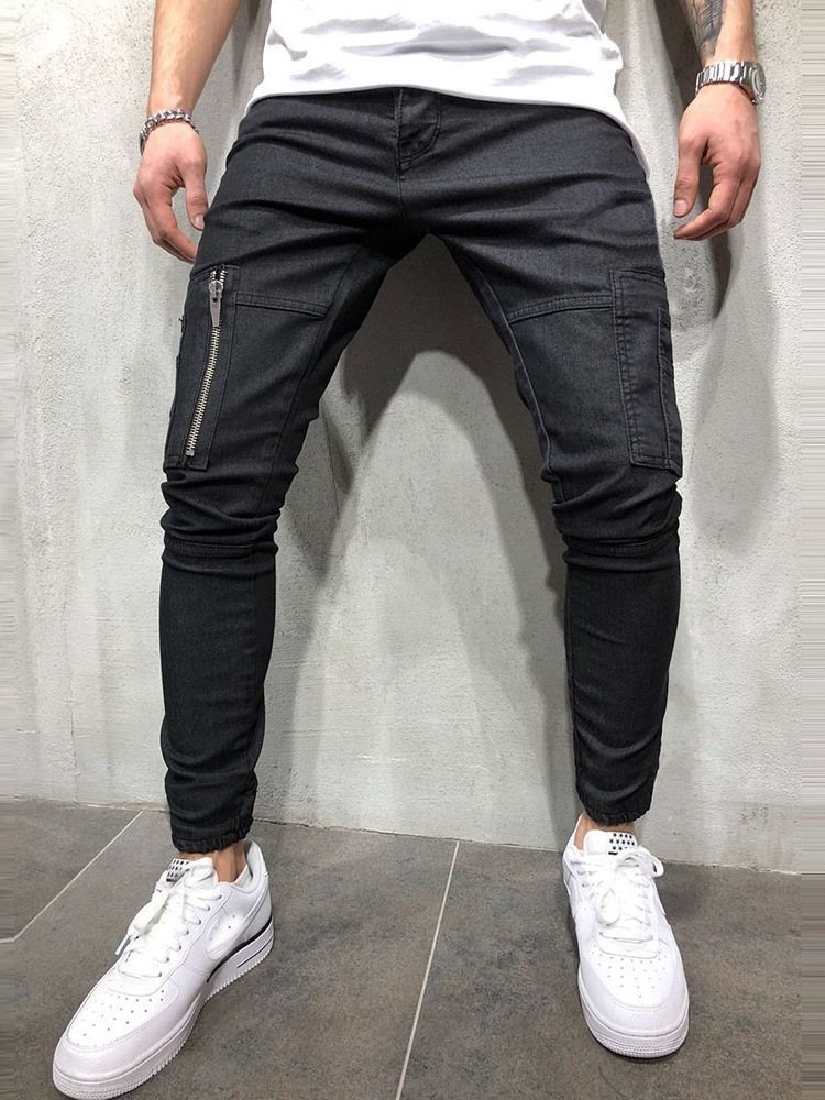 Zipper Plain Mid Waist European Men's Casual Pants